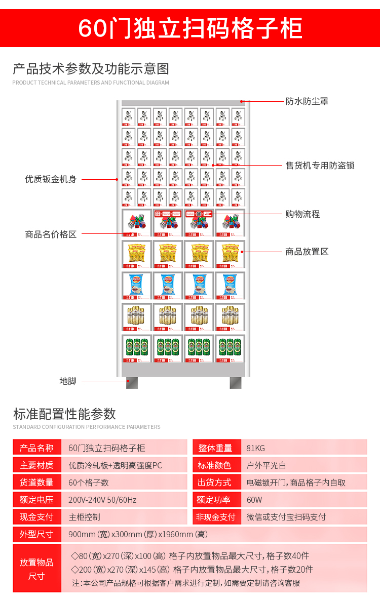 优趣生活自动售卖机 独立扫码60门格子柜 无人新零售(图2)